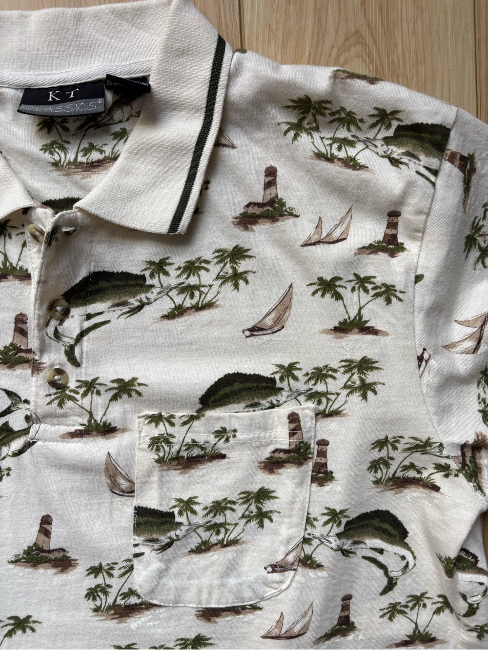 Vintage Fishing Sea Bass Tropical Polo Shirt 80s Whimsical Kitsch Fisherman